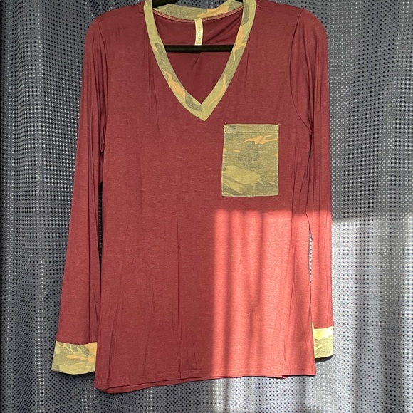 Magic Fit Tops - Magic Fit Maroon and Olive Long Sleeve V-Neck Top